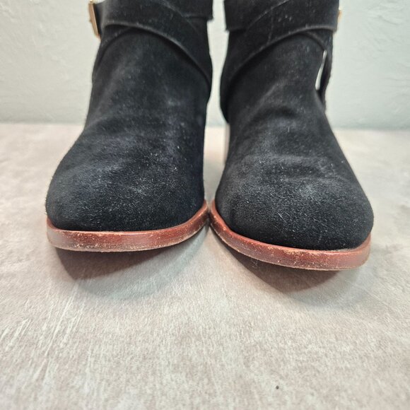 Kate Spade Moto Ankle Boots 8 Black Suede Low Block Heel Dressy Chic Bow Booties - Picture 3 of 13